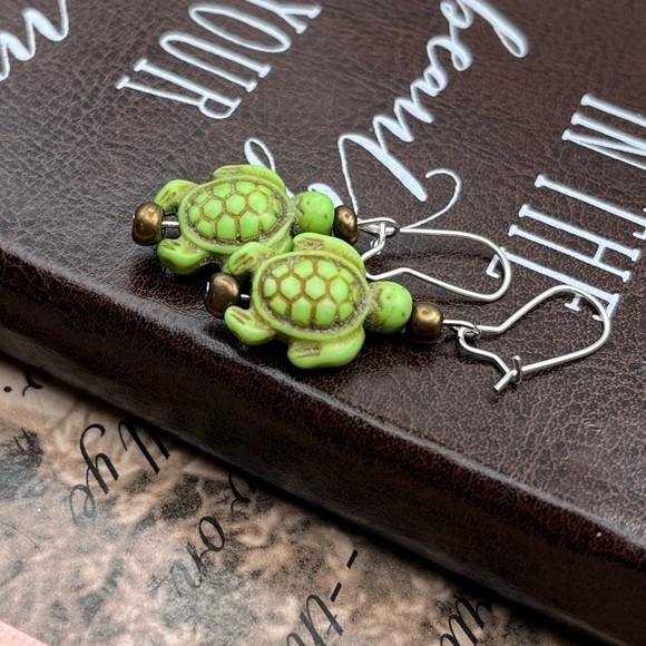Handcrafted Lime Green Beaded Ceramic Turtle Earrings Stainless Steel - Picture 1 of 6